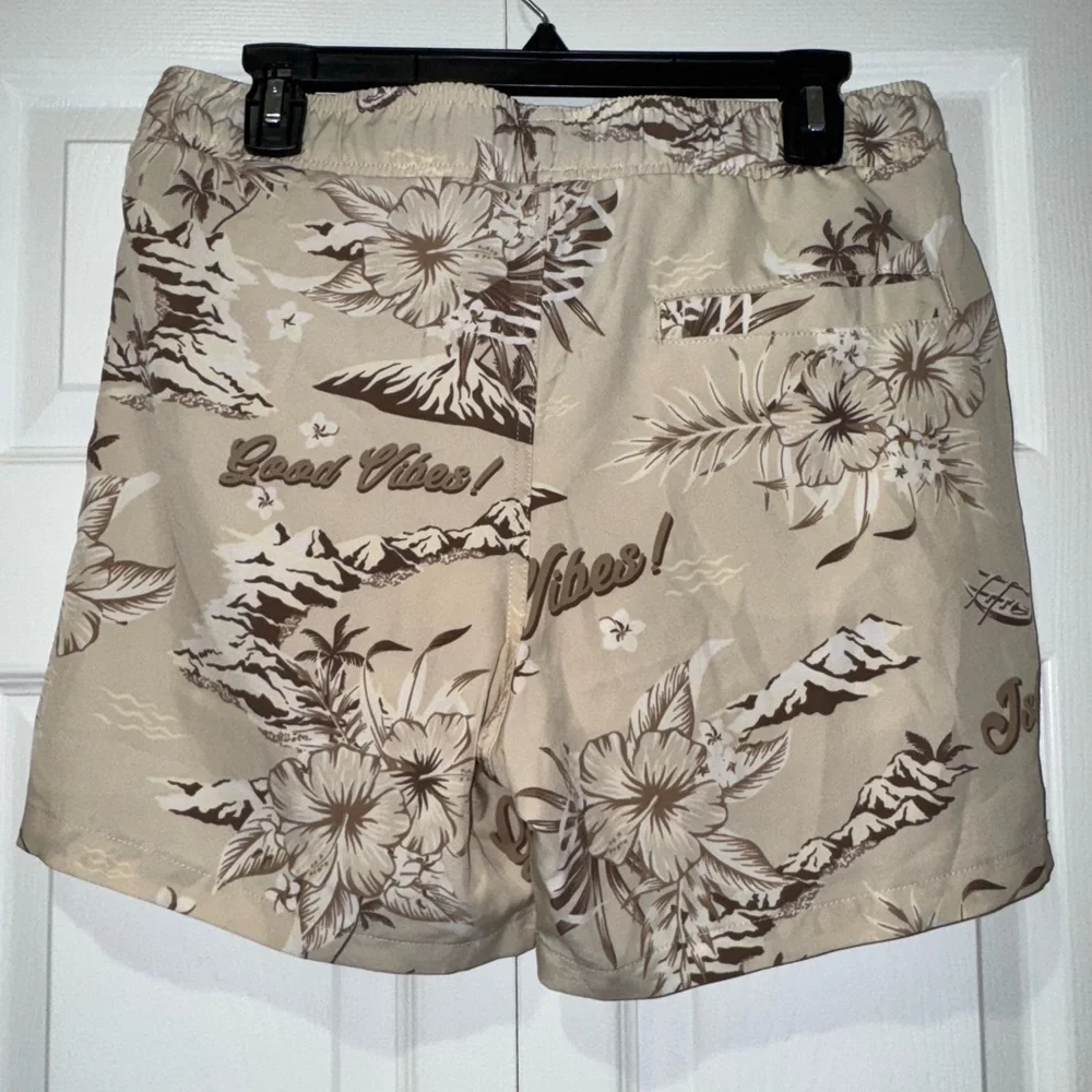 Good Vibes Beige/Brown 3 way stretch tropical swim Shorts. Size M. NWT